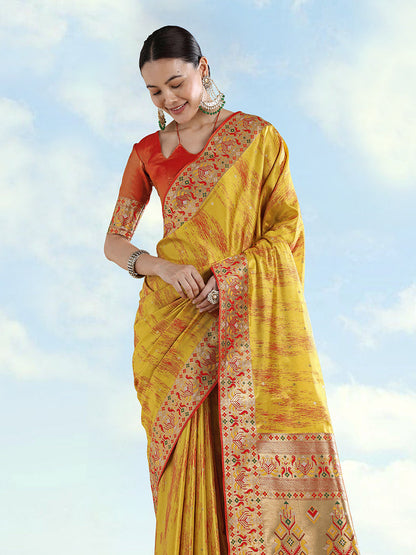 Monjolika Fashion Mustard Yellow Color Banarasi Tissue Silk Paithani Woven Saree