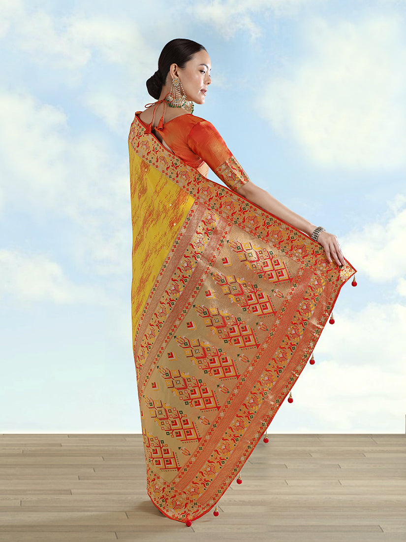 Monjolika Fashion Mustard Yellow Color Banarasi Tissue Silk Paithani Woven Saree
