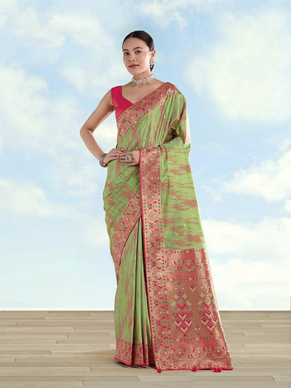 Monjolika Fashion Light Green Color Banarasi Tissue Silk Paithani Woven Saree