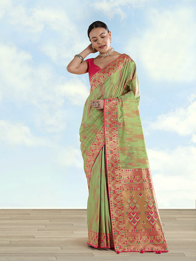 Monjolika Fashion Light Green Color Banarasi Tissue Silk Paithani Woven Saree