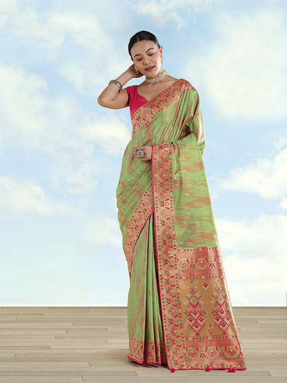 Monjolika Fashion Light Green Color Banarasi Tissue Silk Paithani Woven Saree