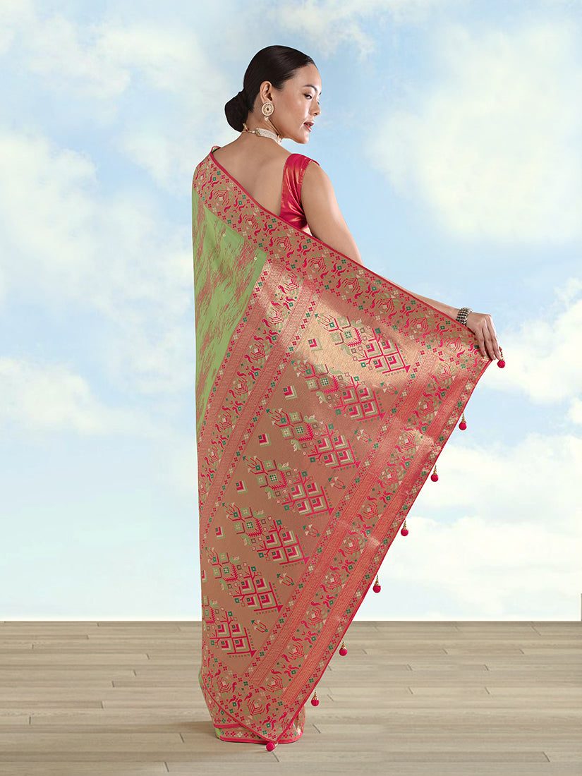 Monjolika Fashion Light Green Color Banarasi Tissue Silk Paithani Woven Saree