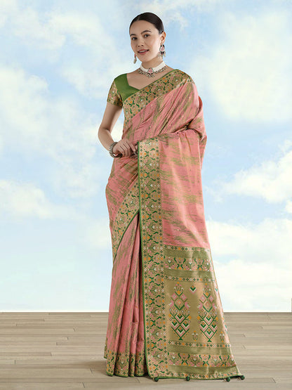 Monjolika Fashion Light Pink Color Banarasi Tissue Silk Paithani Woven Saree