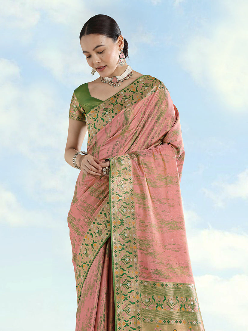 Monjolika Fashion Light Pink Color Banarasi Tissue Silk Paithani Woven Saree