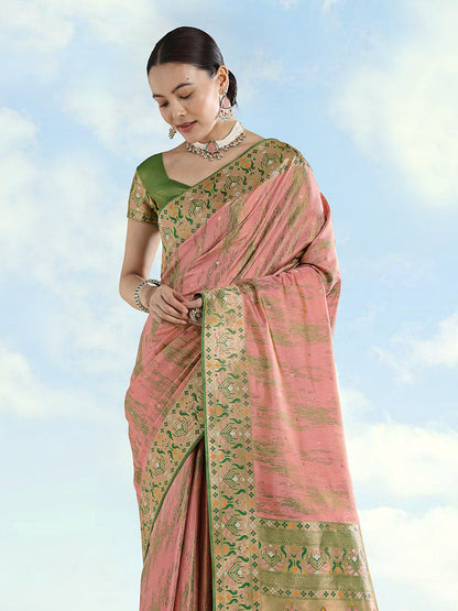 Monjolika Fashion Light Pink Color Banarasi Tissue Silk Paithani Woven Saree