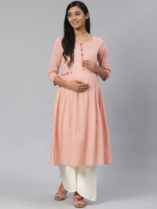 Anayna Women Peach-Coloured & Off-White Printed Pure Cotton Feeding Maternity A-Line Kurta