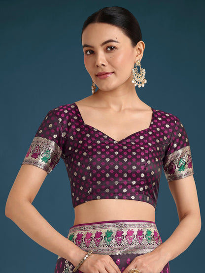 Monjolika Fashion Wine With Gold Bordar Banarasi Zari Woven Satin Saree