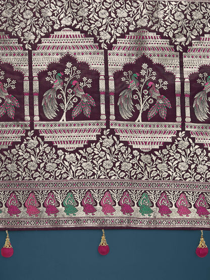Monjolika Fashion Wine With Gold Bordar Banarasi Zari Woven Satin Saree