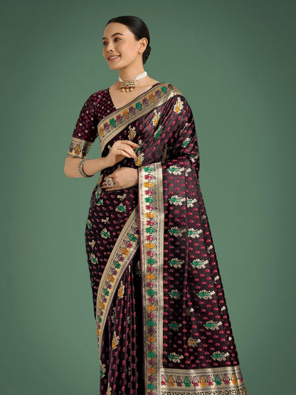 Monjolika Fashion Maroon With Gold Bordar Banarasi Zari Woven Satin Saree