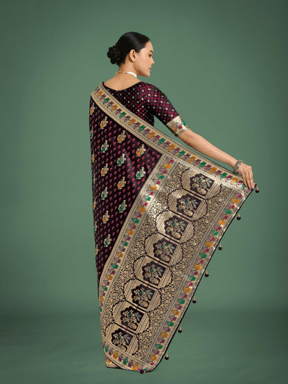 Monjolika Fashion Maroon With Gold Bordar Banarasi Zari Woven Satin Saree