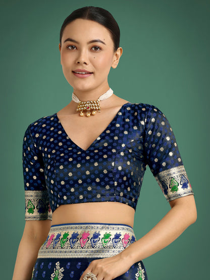 Monjolika Fashion Dark blue With Gold Bordar Banarasi Zari Woven Satin Saree