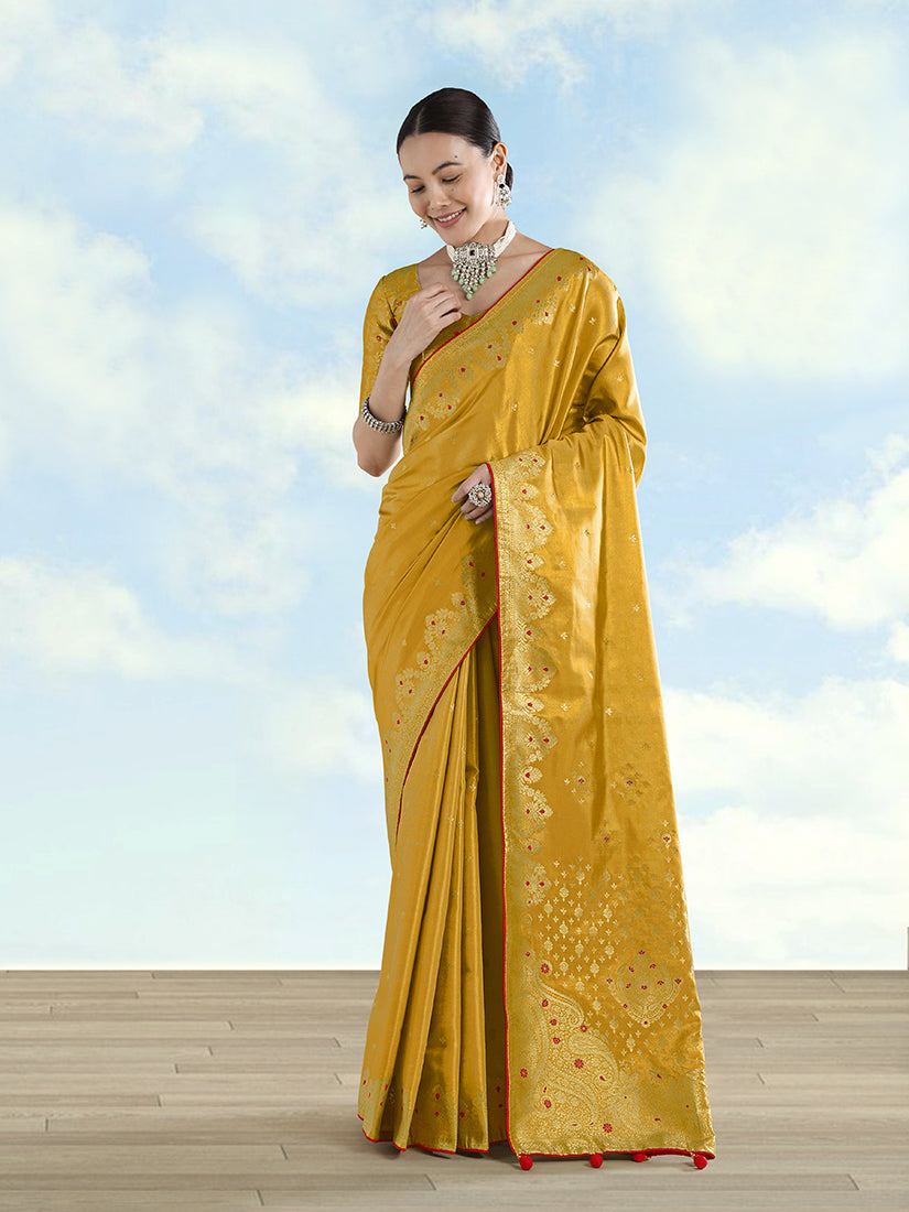 Monjolika Fashion Mustard Color Paisley Zari Woven Banarasi Tissue Silk Saree