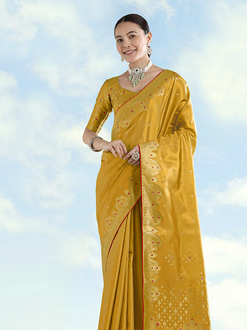 Monjolika Fashion Mustard Color Paisley Zari Woven Banarasi Tissue Silk Saree