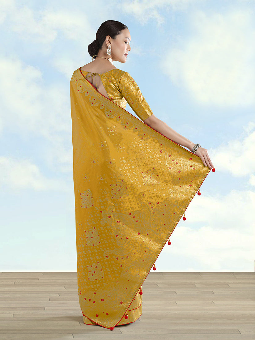 Monjolika Fashion Mustard Color Paisley Zari Woven Banarasi Tissue Silk Saree