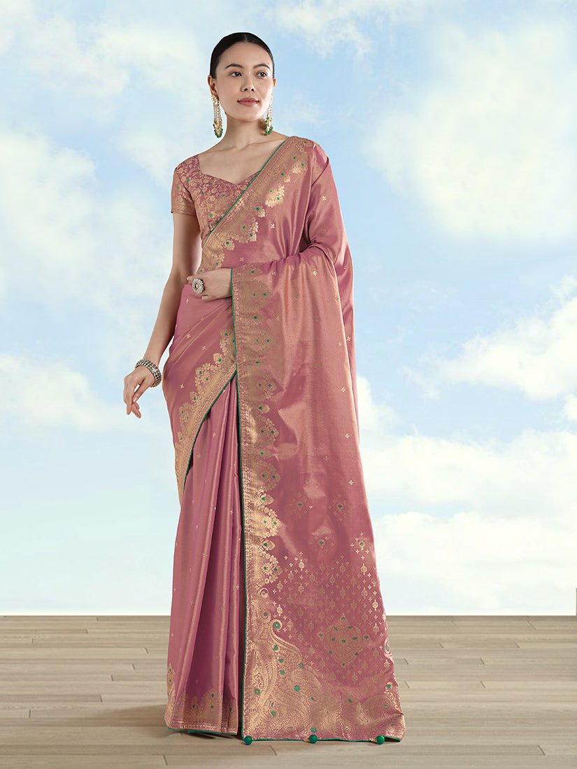 Monjolika Fashion Light Pink Color Paisley Zari Woven Banarasi Tissue Silk Saree