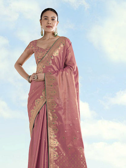 Monjolika Fashion Light Pink Color Paisley Zari Woven Banarasi Tissue Silk Saree