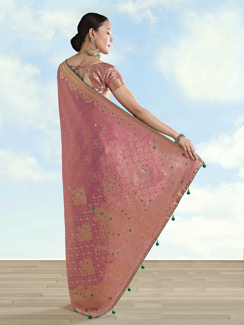 Monjolika Fashion Light Pink Color Paisley Zari Woven Banarasi Tissue Silk Saree