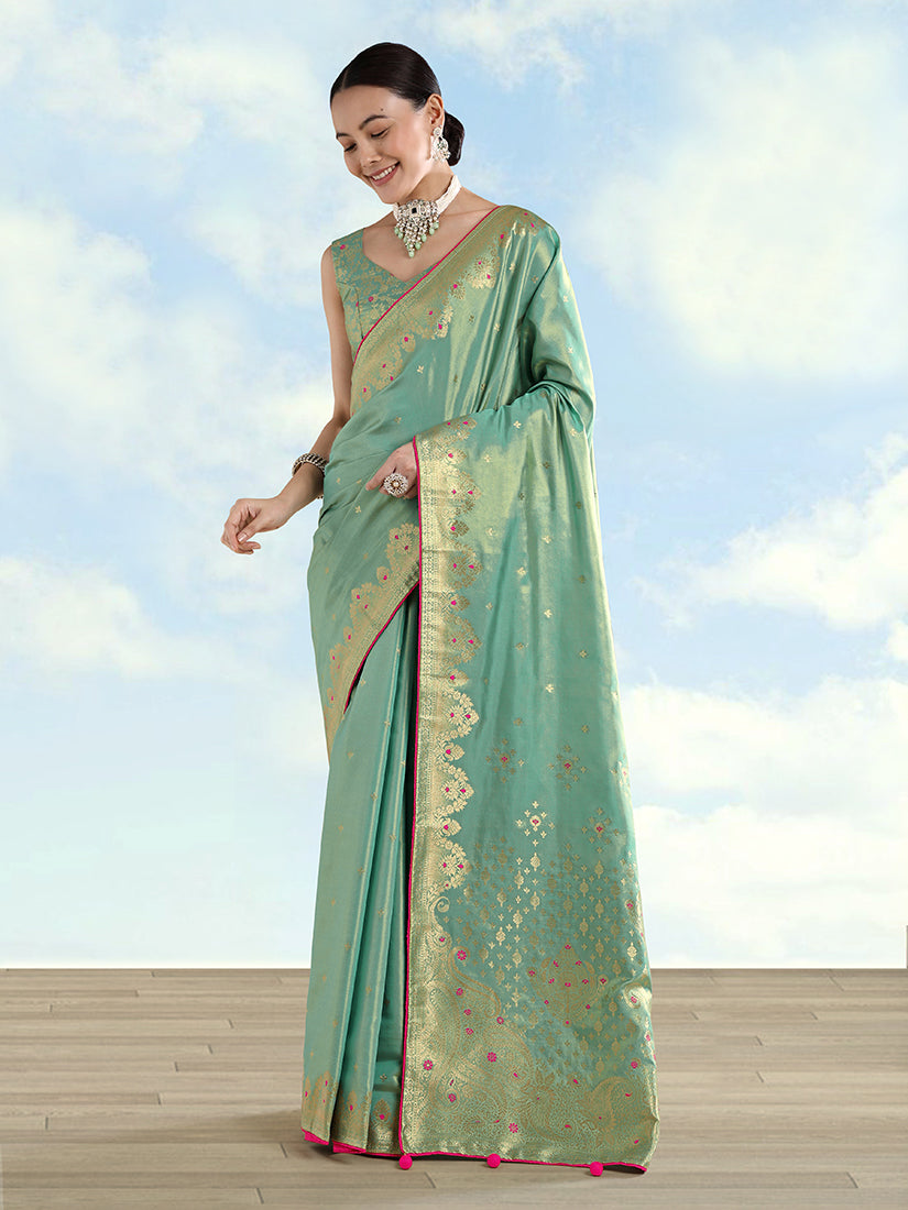 Monjolika Fashion Light Blue Color Paisley Zari Woven Banarasi Tissue Silk Saree