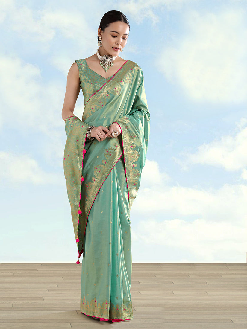 Monjolika Fashion Light Blue Color Paisley Zari Woven Banarasi Tissue Silk Saree