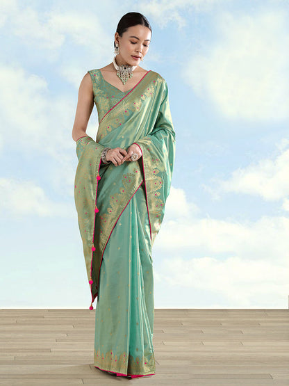 Monjolika Fashion Light Blue Color Paisley Zari Woven Banarasi Tissue Silk Saree