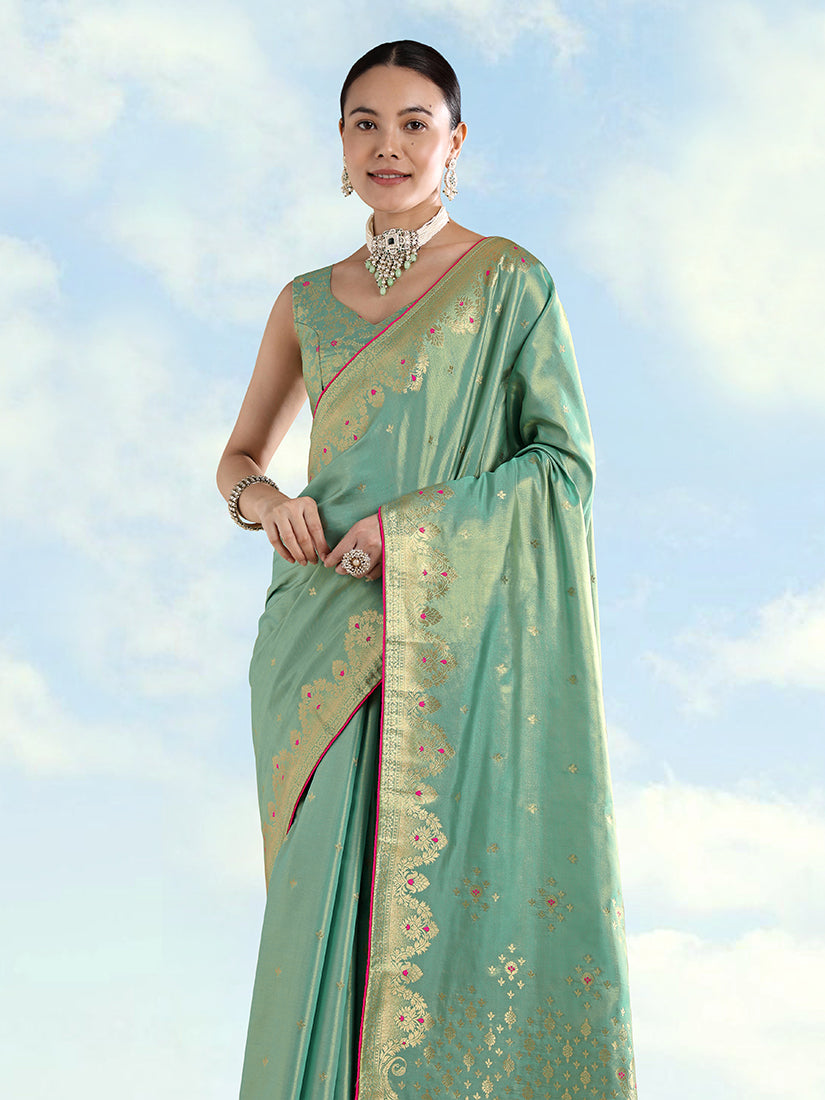 Monjolika Fashion Light Blue Color Paisley Zari Woven Banarasi Tissue Silk Saree