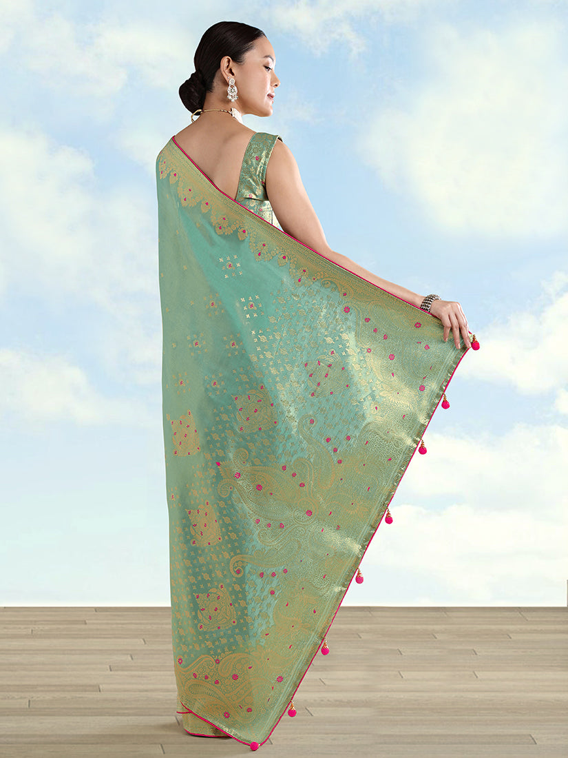 Monjolika Fashion Light Blue Color Paisley Zari Woven Banarasi Tissue Silk Saree