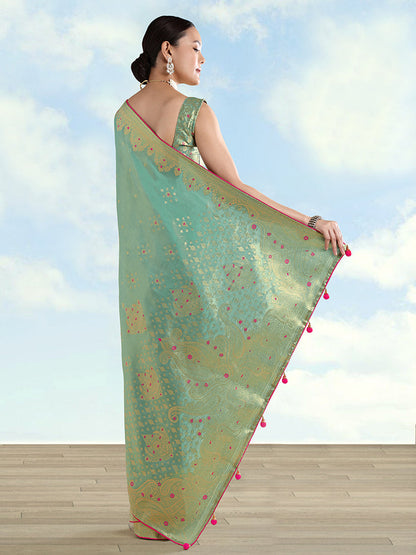 Monjolika Fashion Light Blue Color Paisley Zari Woven Banarasi Tissue Silk Saree