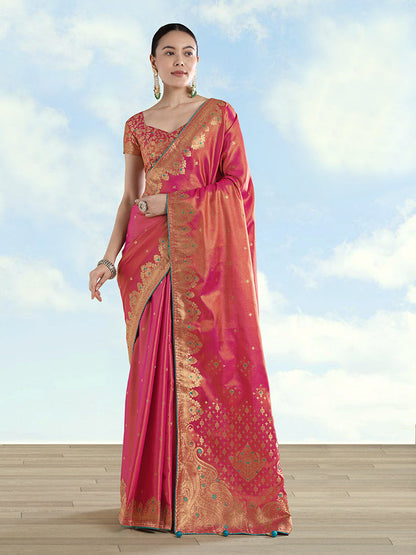 Monjolika Fashion Red Color Paisley Zari Woven Banarasi Tissue Silk Saree