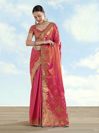 Monjolika Fashion Red Color Paisley Zari Woven Banarasi Tissue Silk Saree