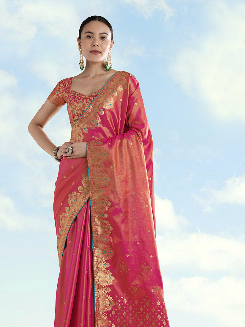 Monjolika Fashion Red Color Paisley Zari Woven Banarasi Tissue Silk Saree