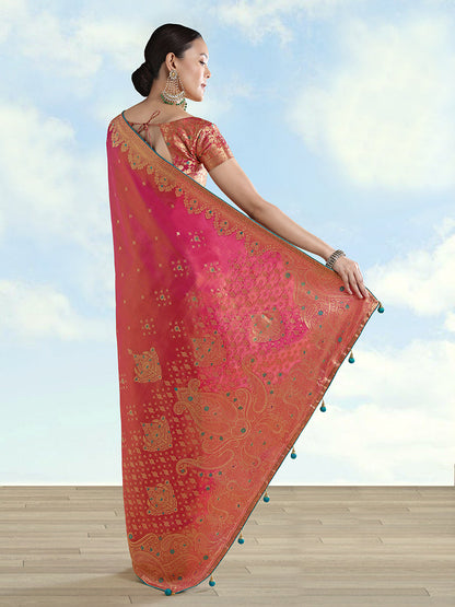 Monjolika Fashion Red Color Paisley Zari Woven Banarasi Tissue Silk Saree