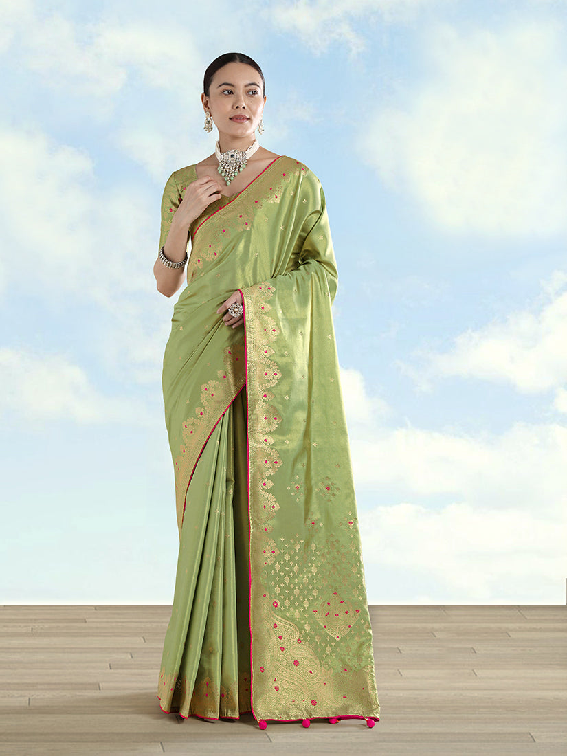Monjolika Fashion Parrot Green Color Paisley Zari Woven Banarasi Tissue Silk Saree