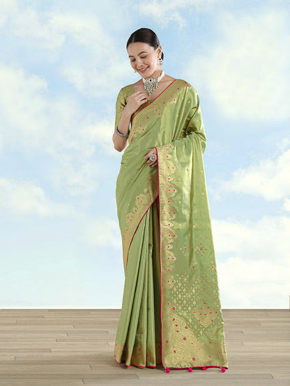 Monjolika Fashion Parrot Green Color Paisley Zari Woven Banarasi Tissue Silk Saree