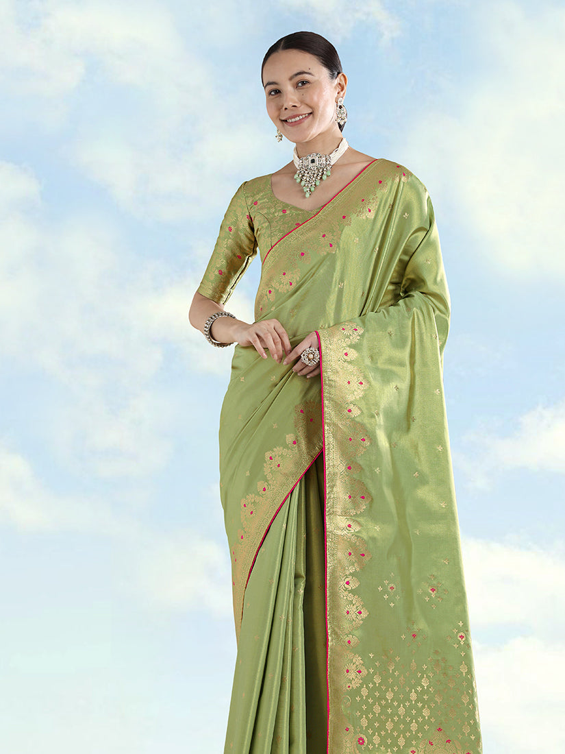 Monjolika Fashion Parrot Green Color Paisley Zari Woven Banarasi Tissue Silk Saree
