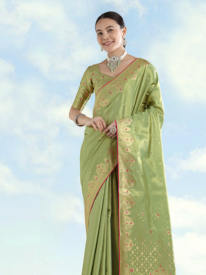 Monjolika Fashion Parrot Green Color Paisley Zari Woven Banarasi Tissue Silk Saree