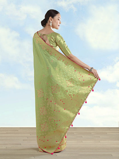 Monjolika Fashion Parrot Green Color Paisley Zari Woven Banarasi Tissue Silk Saree