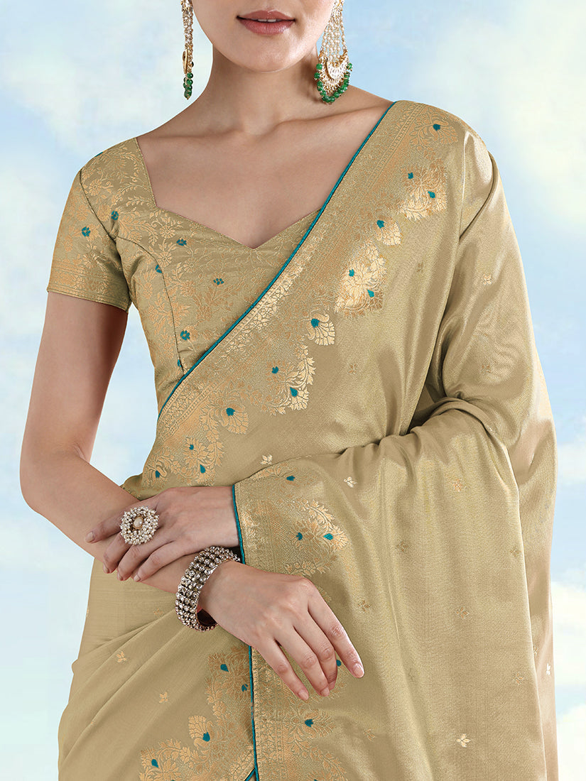 Monjolika Fashion Cream Color Paisley Zari Woven Banarasi Tissue Silk Saree