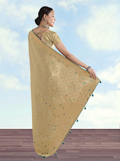 Monjolika Fashion Cream Color Paisley Zari Woven Banarasi Tissue Silk Saree