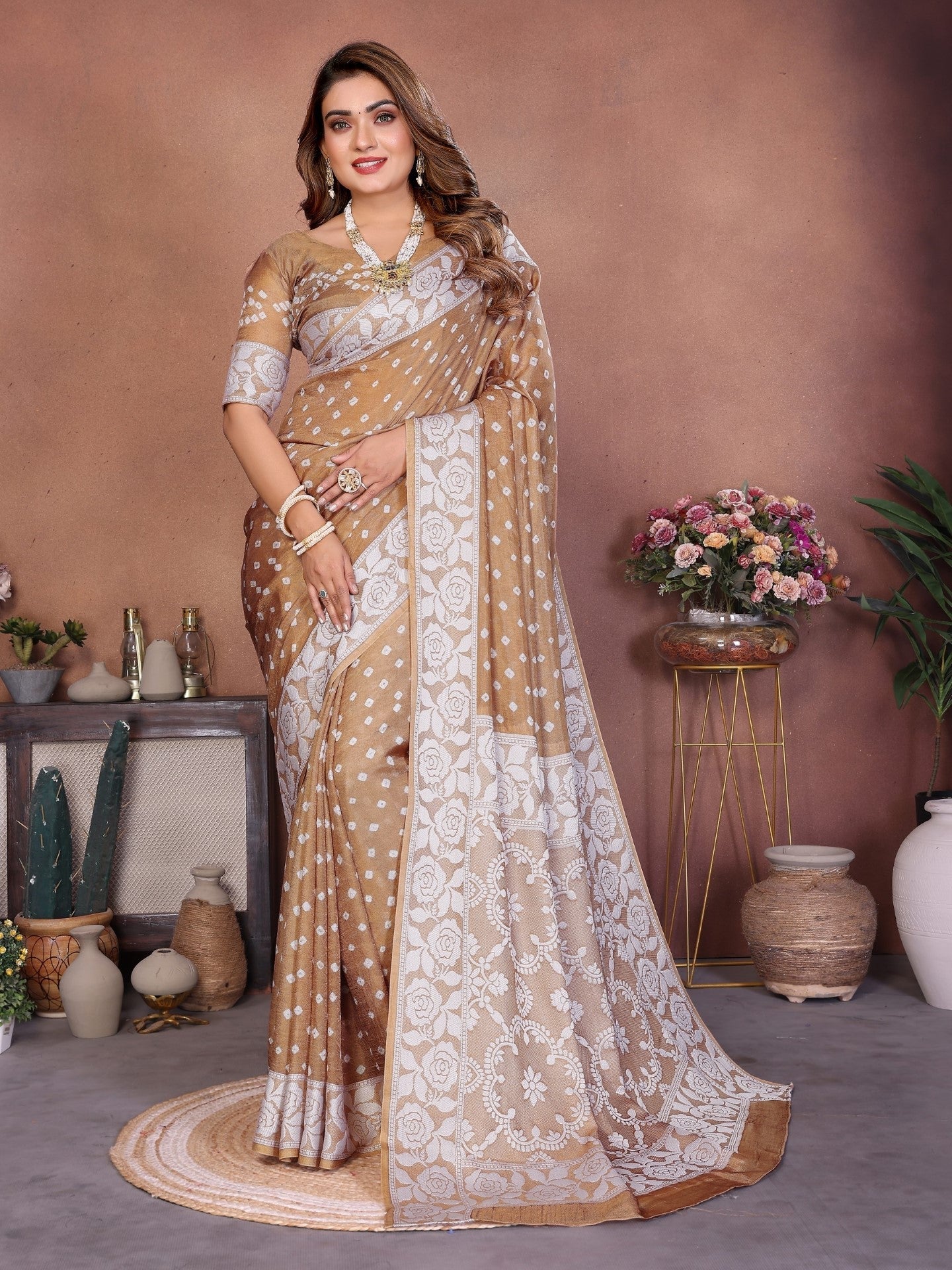 Anaita Cream Handmade Bandhej Viscose Silk Saree With Blouse