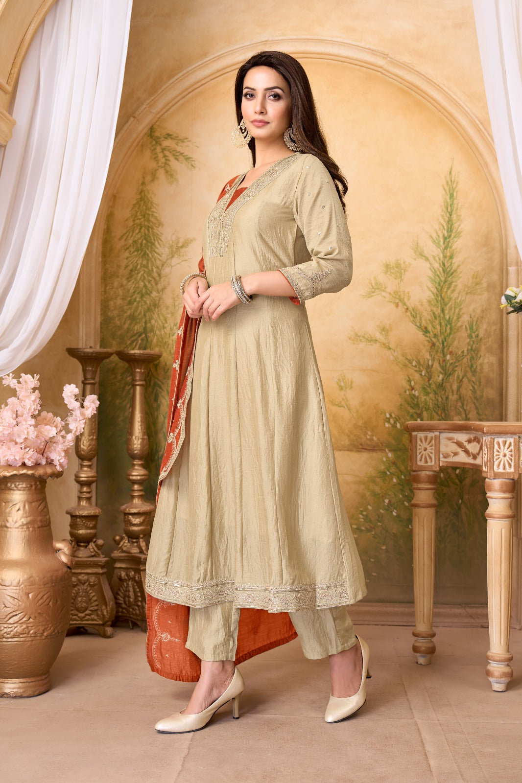 Anaita Cream Rust Anarkali Readymade Suit with Embroidery Work