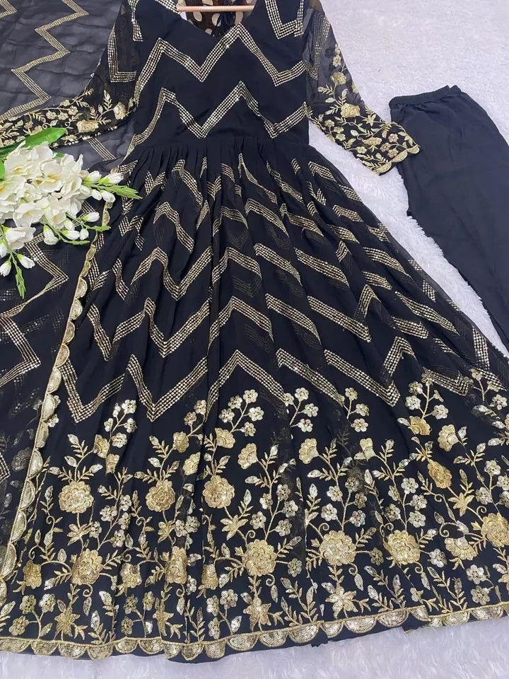 Fox Georgette With Embroidery Work With Full Sleeve Gown Bottom Dupatta Set