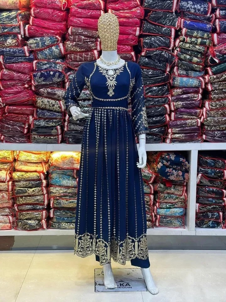 Classic Ethnic Stitched Pure Faux Georgette Long Anarkali Gown Pant Dupatta