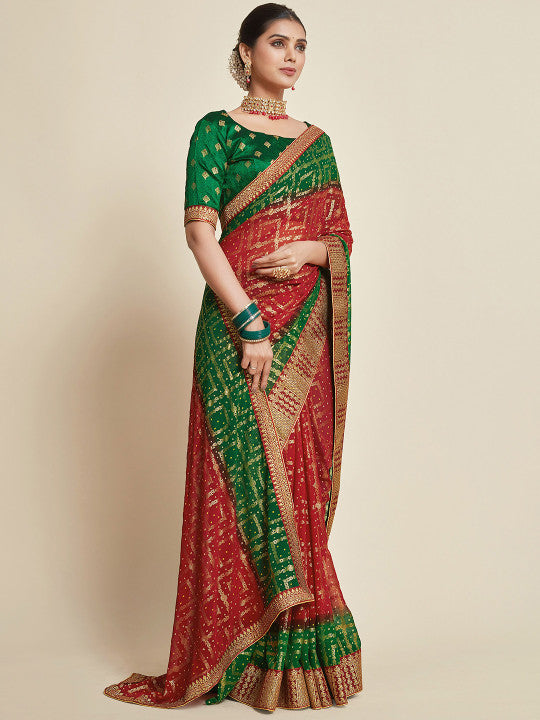 Sangria Red & Green Woven Design Zari Poly Georgette Bandhani Saree