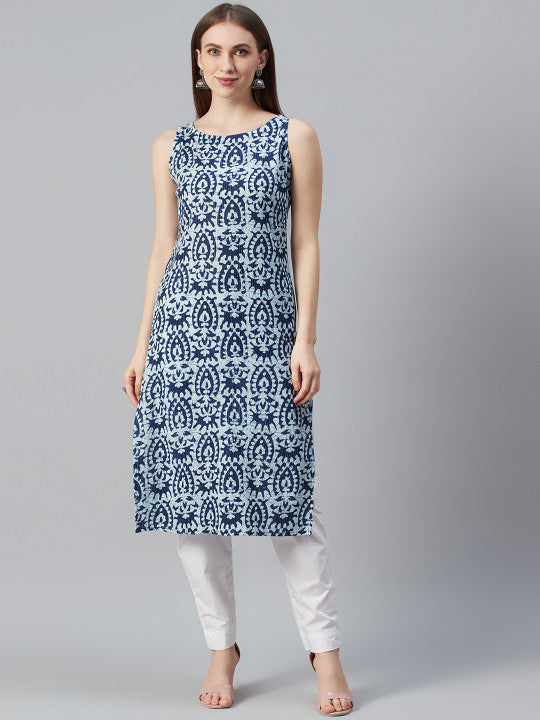 Anayna Women Navy Blue & White Printed Straight Kurta