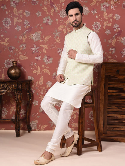 House of Pataudi Straight Kurta With Churidar & Embroidered Nehru Jacket