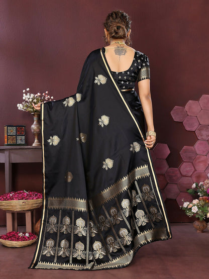 Joban Fashion Black Floral Motifs Banarasi Silk Sarees