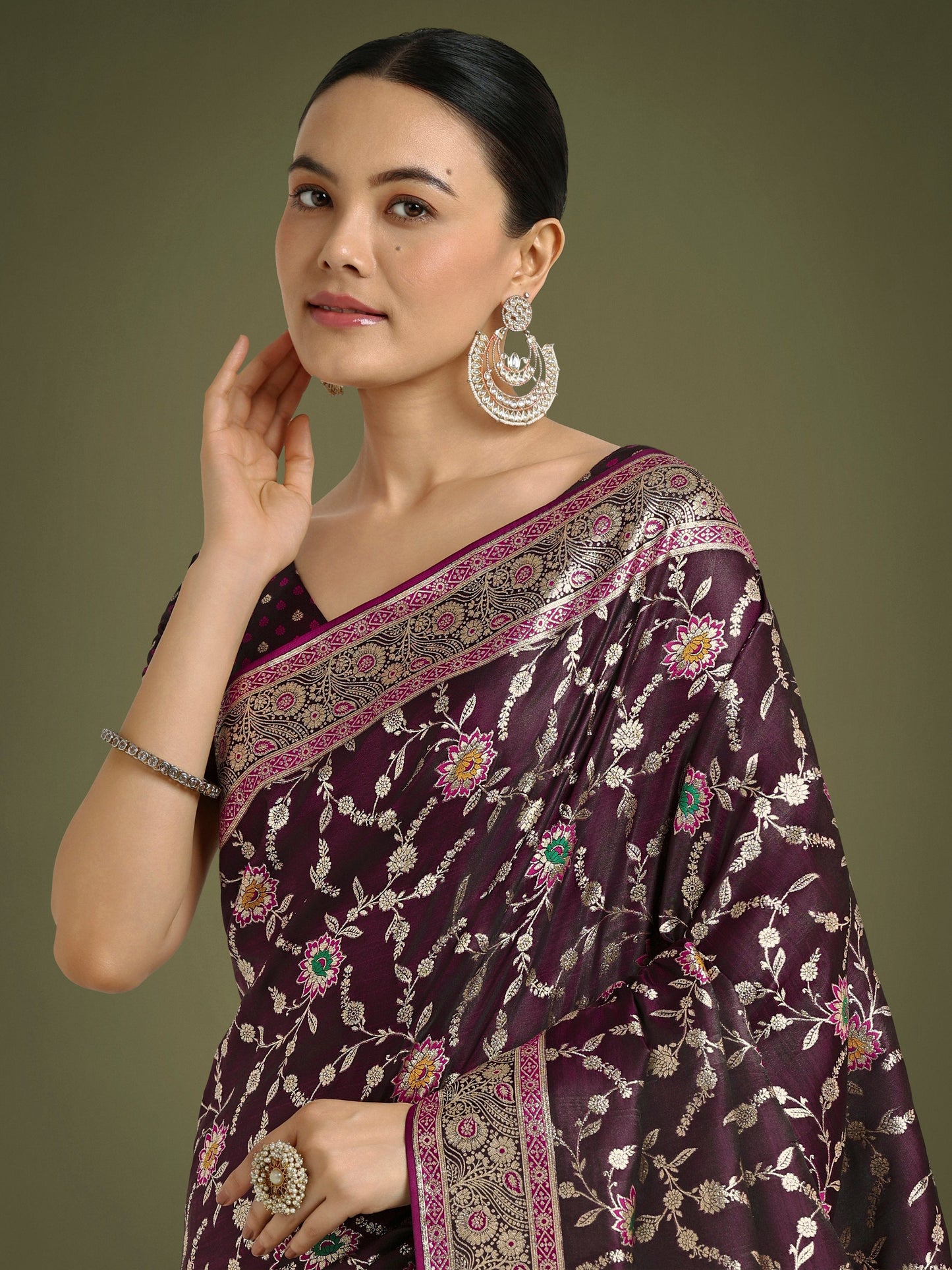 Monjolika Fashion Wine Zari Woven Banarasi Classic Satin Silk Saree