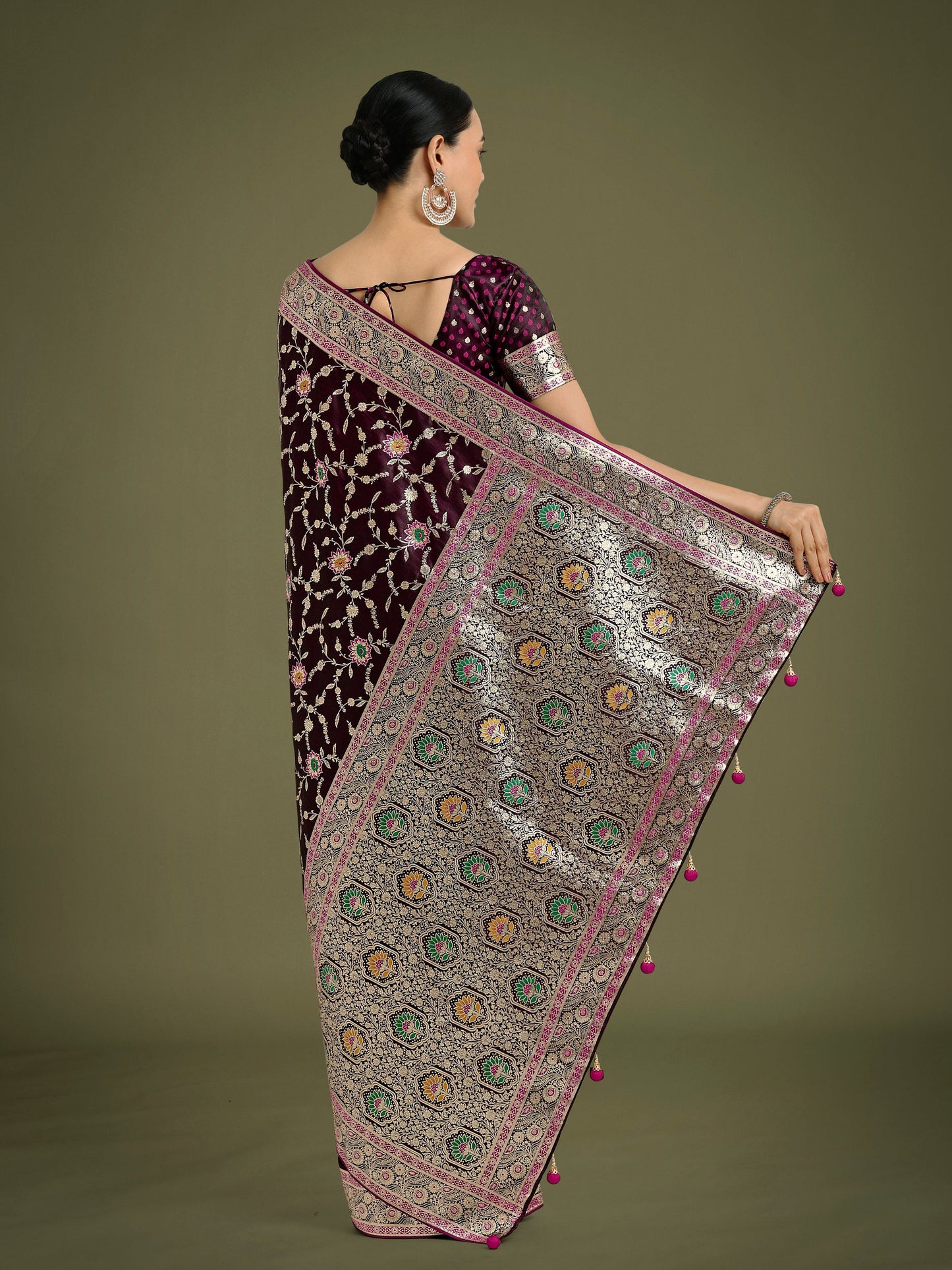 Monjolika Fashion Wine Zari Woven Banarasi Classic Satin Silk Saree