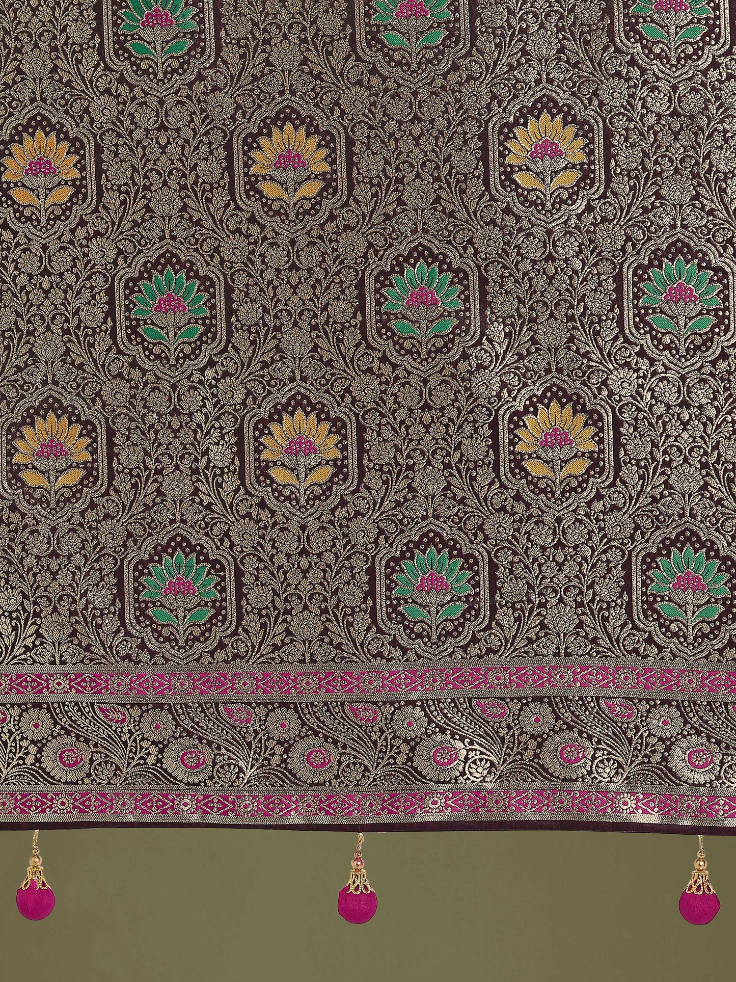 Monjolika Fashion Wine Zari Woven Banarasi Classic Satin Silk Saree