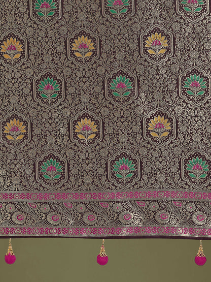 Monjolika Fashion Wine Zari Woven Banarasi Classic Satin Silk Saree